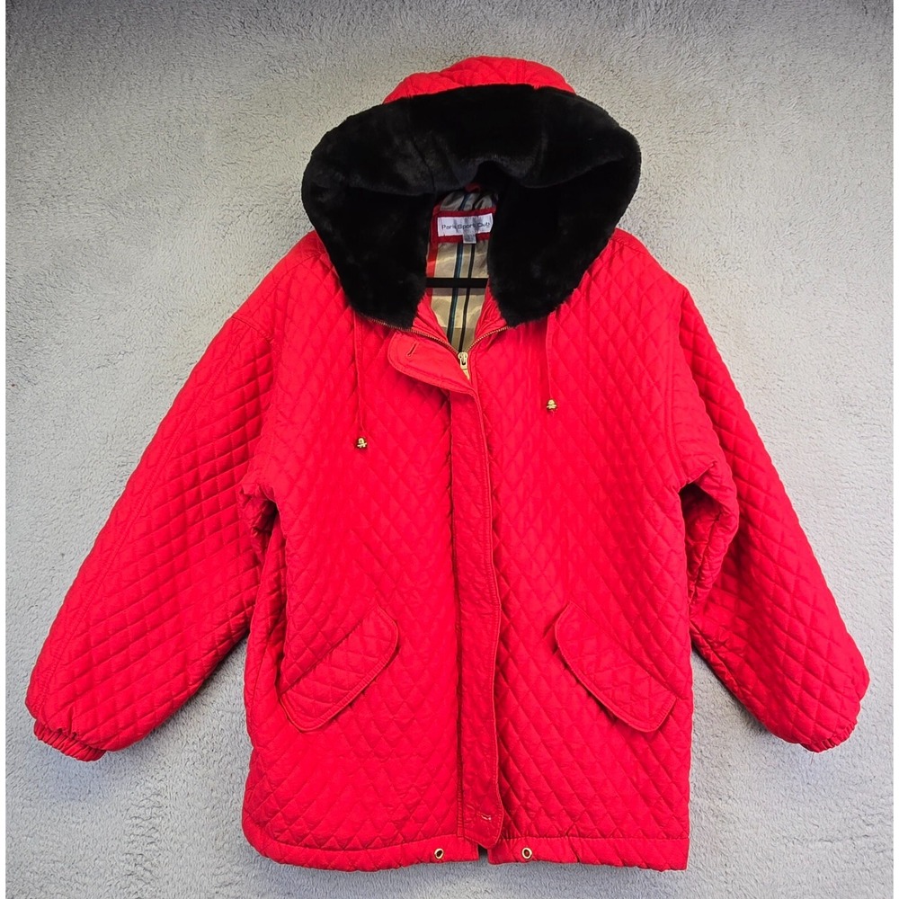 Vintage Paris Sports Club Quilted Parka Jacket Womens S Red Faux Fur Trim Puffer